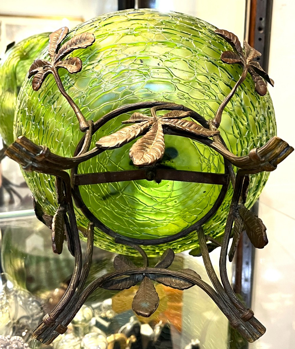 Fine Loetz Green Glass Bowl & Gilt Bronze Stand View VII