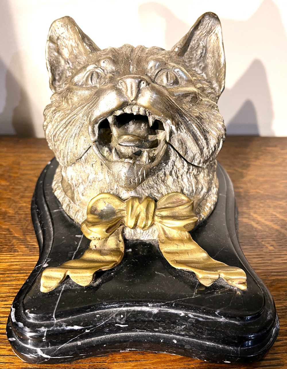Large Austrian Gilt Bronze Cat Inkwell