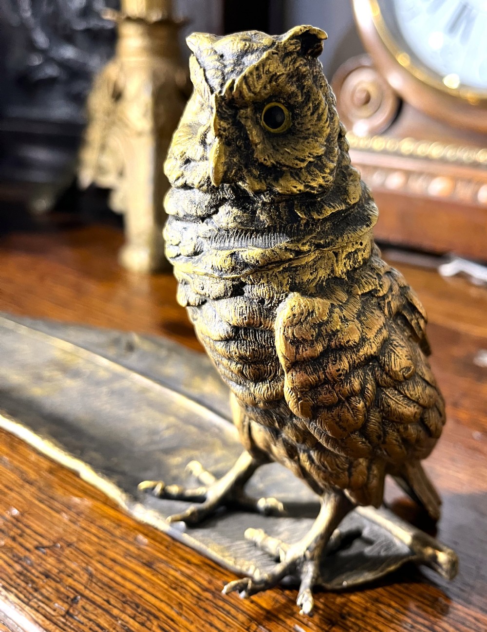 Franz Bergmann Bronze Owl On Feather Inkwell