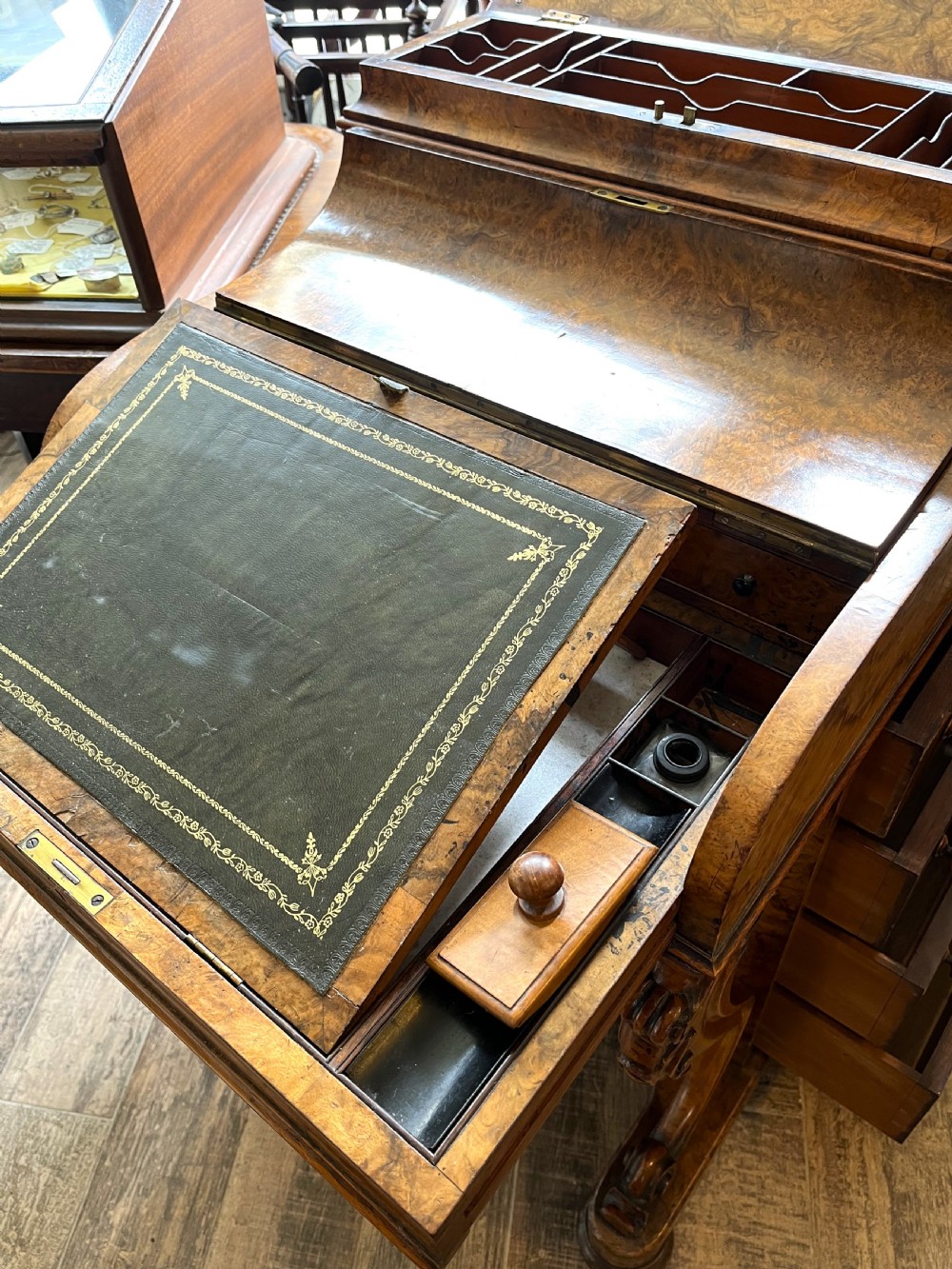 Mid Victorian Burr Walnut Piano Top Davenport View IX