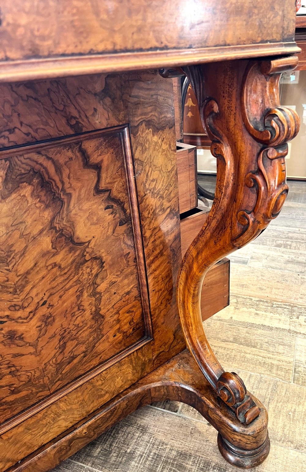 Mid Victorian Burr Walnut Piano Top Davenport View XI