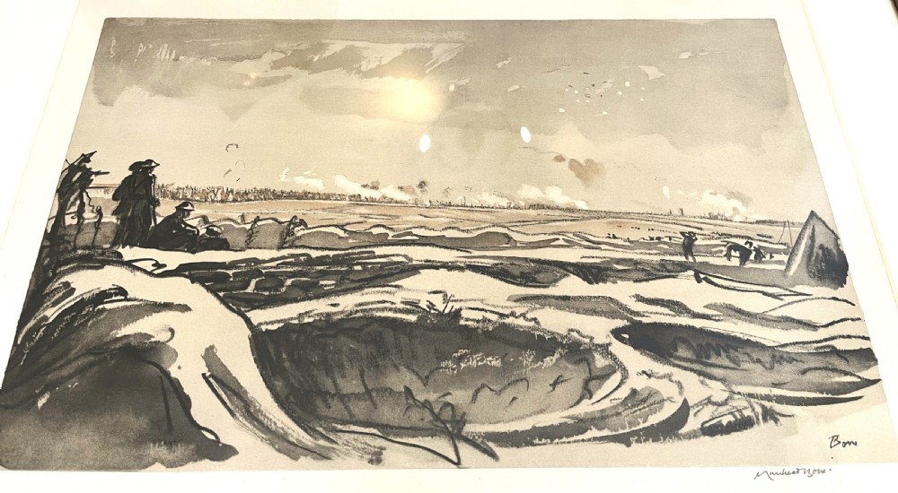 A framed monochrome lithograph depicting First World War soldiers observing artillery fire across a landscape with shell craters. View II