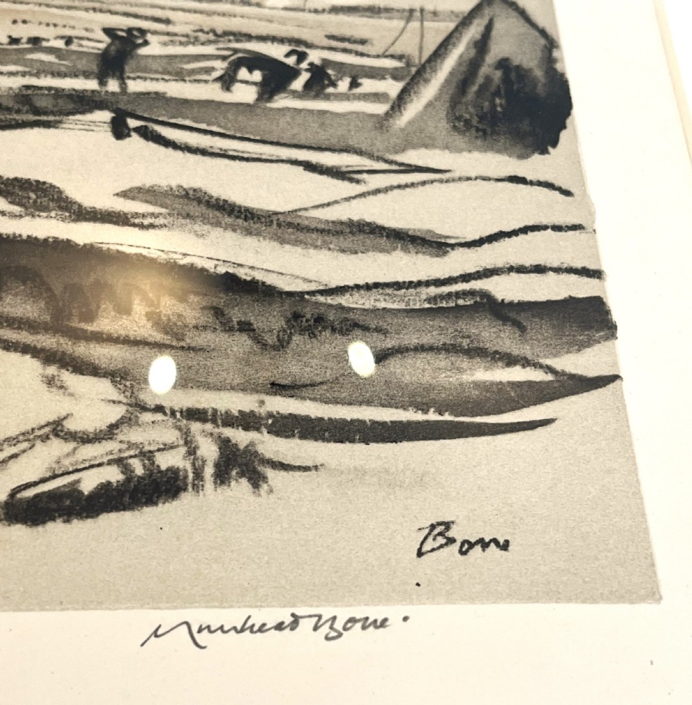 A framed monochrome lithograph depicting First World War soldiers observing artillery fire across a landscape with shell craters. View III