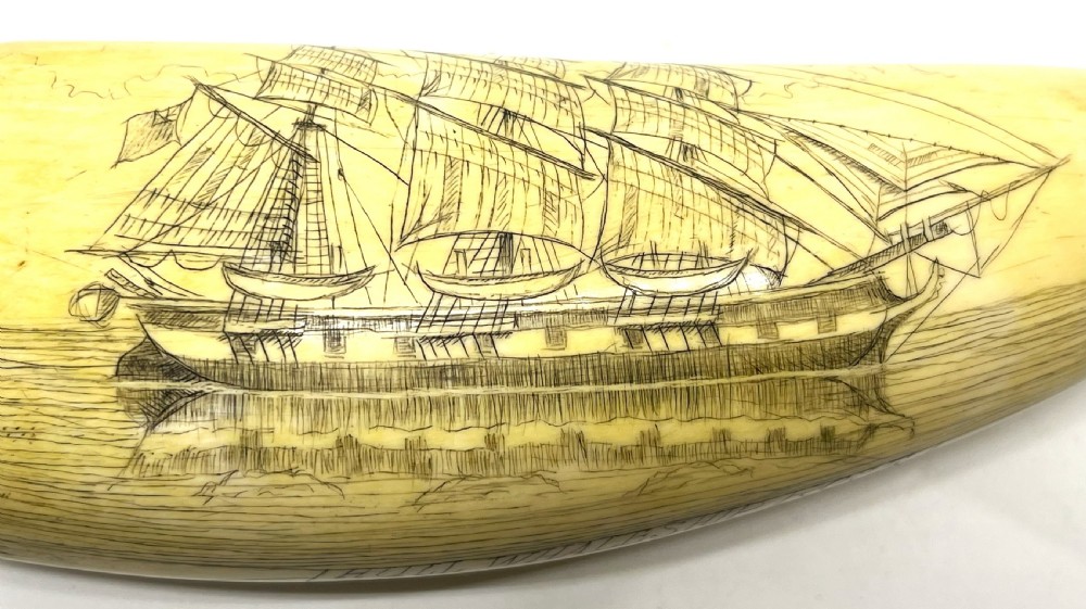 Large 19thC Whaler's Scrimshaw Of A Hull Whaleship View IV