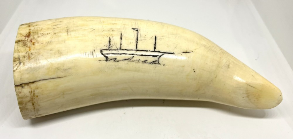 Large 19th Century Scrimshaw With Naive Carved Whale Ship Dated 1874