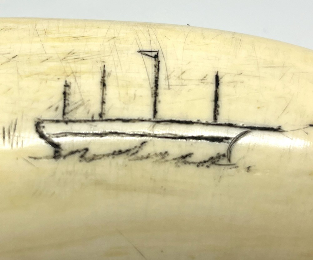 Large 19th Century Scrimshaw With Naive Carved Whale Ship Dated 1874 View II