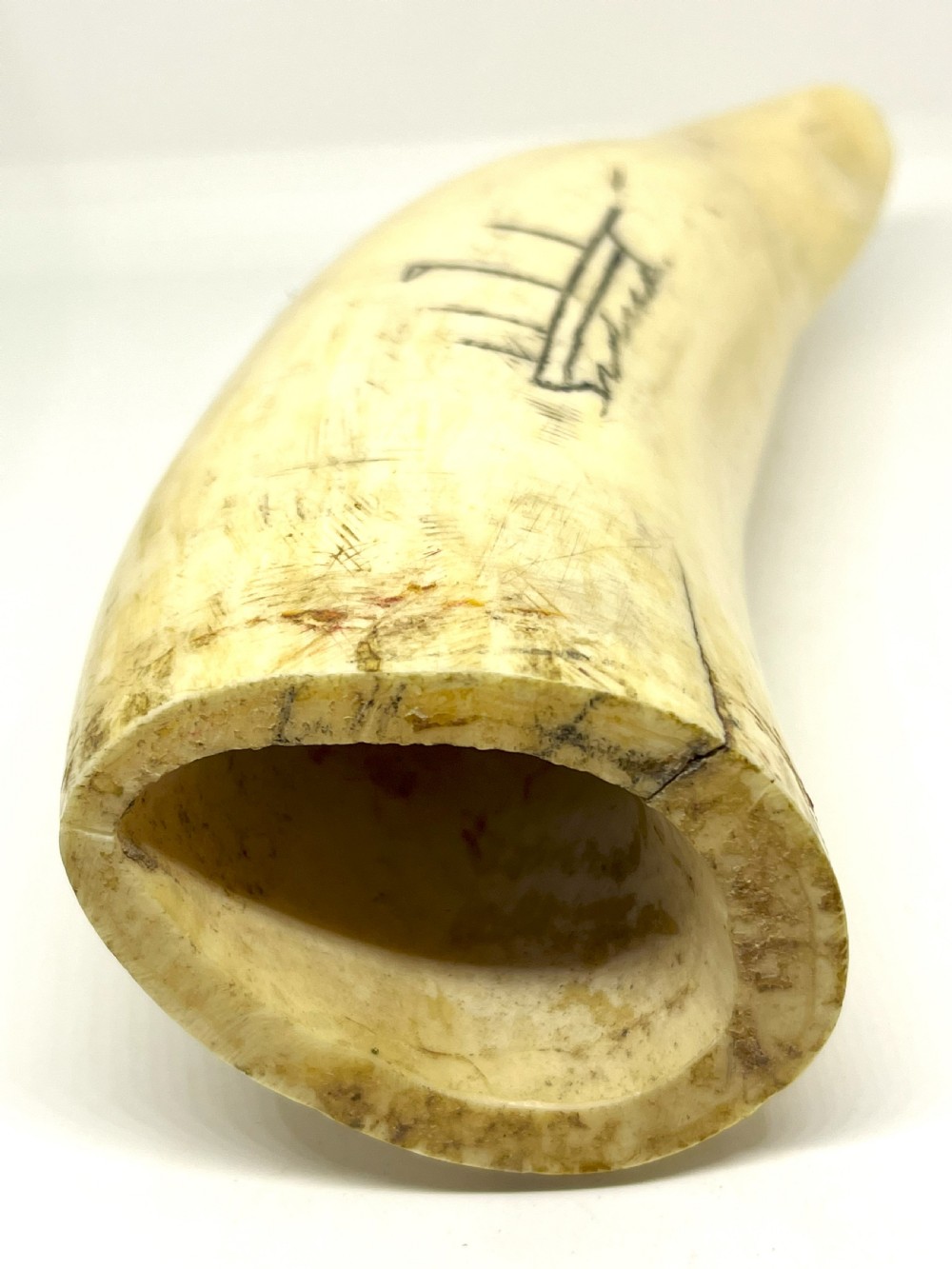 Large 19th Century Scrimshaw With Naive Carved Whale Ship Dated 1874 View IV