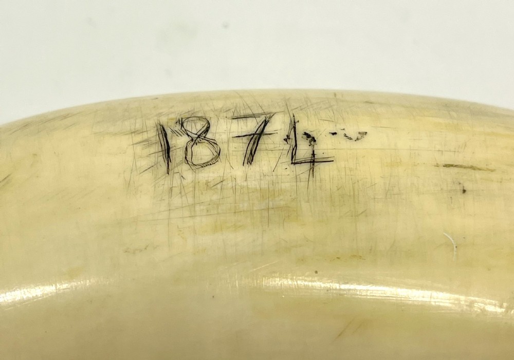 Large 19th Century Scrimshaw With Naive Carved Whale Ship Dated 1874 View V