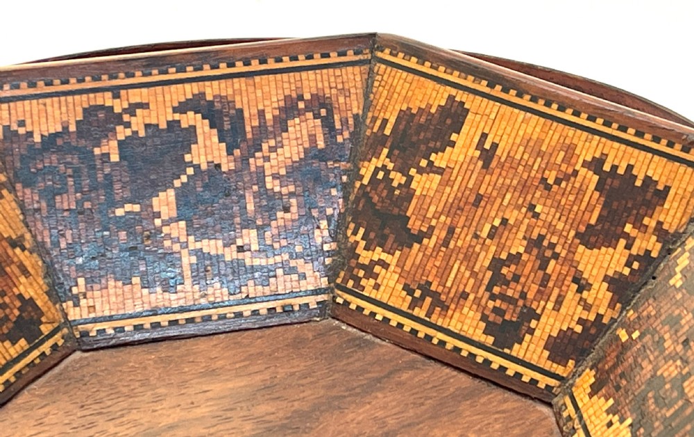 An antique Victorian octagonal rosewood basket with a high overhead handle and intricate micro-mosaic geometric floral wood inlay on the interior panels. View III