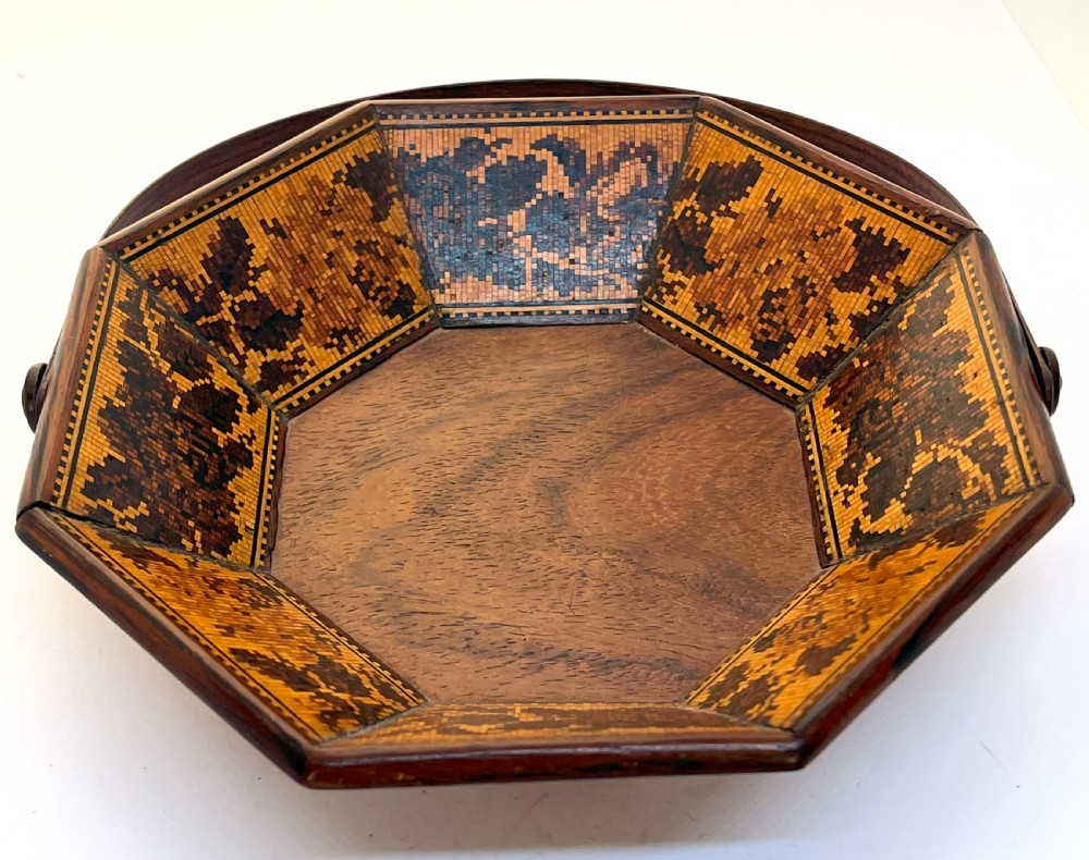 An antique Victorian octagonal rosewood basket with a high overhead handle and intricate micro-mosaic geometric floral wood inlay on the interior panels. View IV