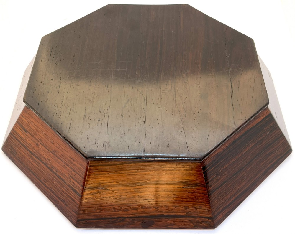 An octagonal Victorian Tunbridge ware wooden dish featuring geometric mosaic borders and a central yellow wooden panel with a black butterfly inlay. View VI