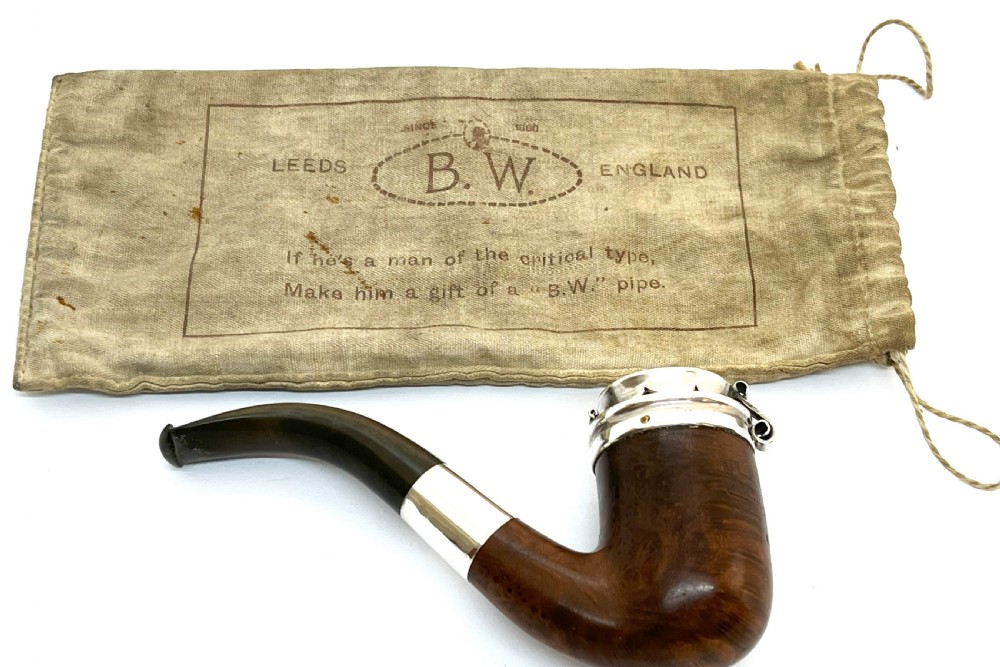 Antique Silver Capped Briarwood Pipe With Original Case