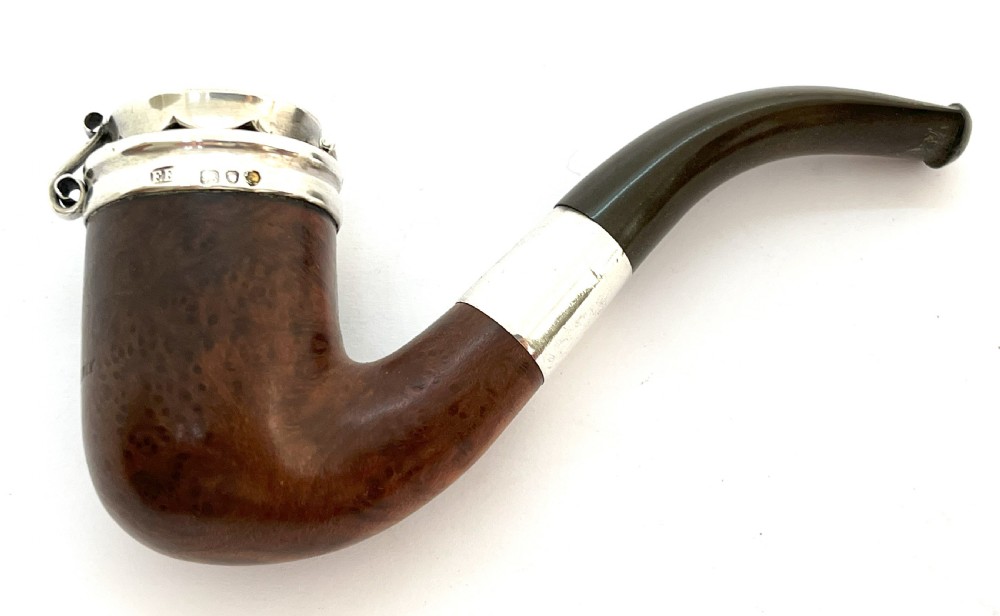 Antique Silver Capped Briarwood Pipe With Original Case View II