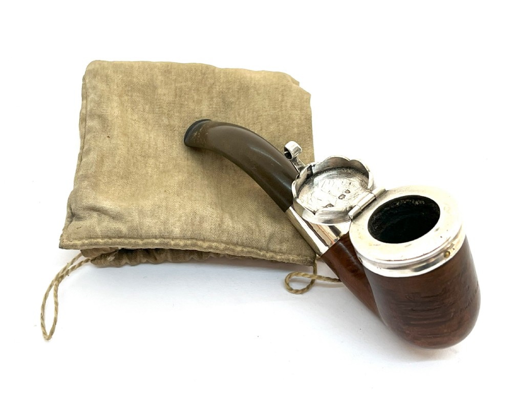 Antique Silver Capped Briarwood Pipe With Original Case View V