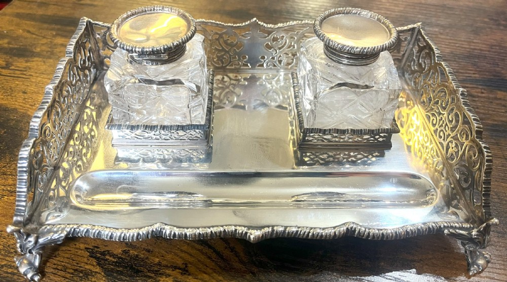 Silver Desk Stand With Inkwells by Goldsmiths & Silversmiths