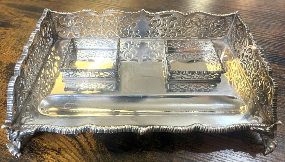 Silver Desk Stand With Inkwells by Goldsmiths & Silversmiths View II