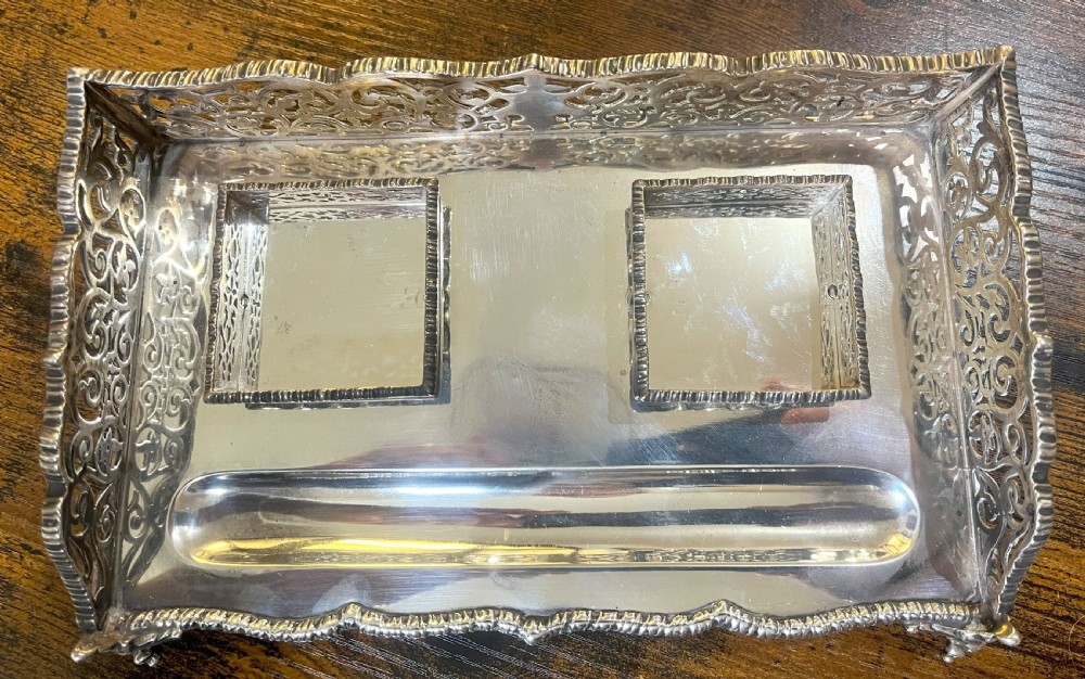 Silver Desk Stand With Inkwells by Goldsmiths & Silversmiths View III