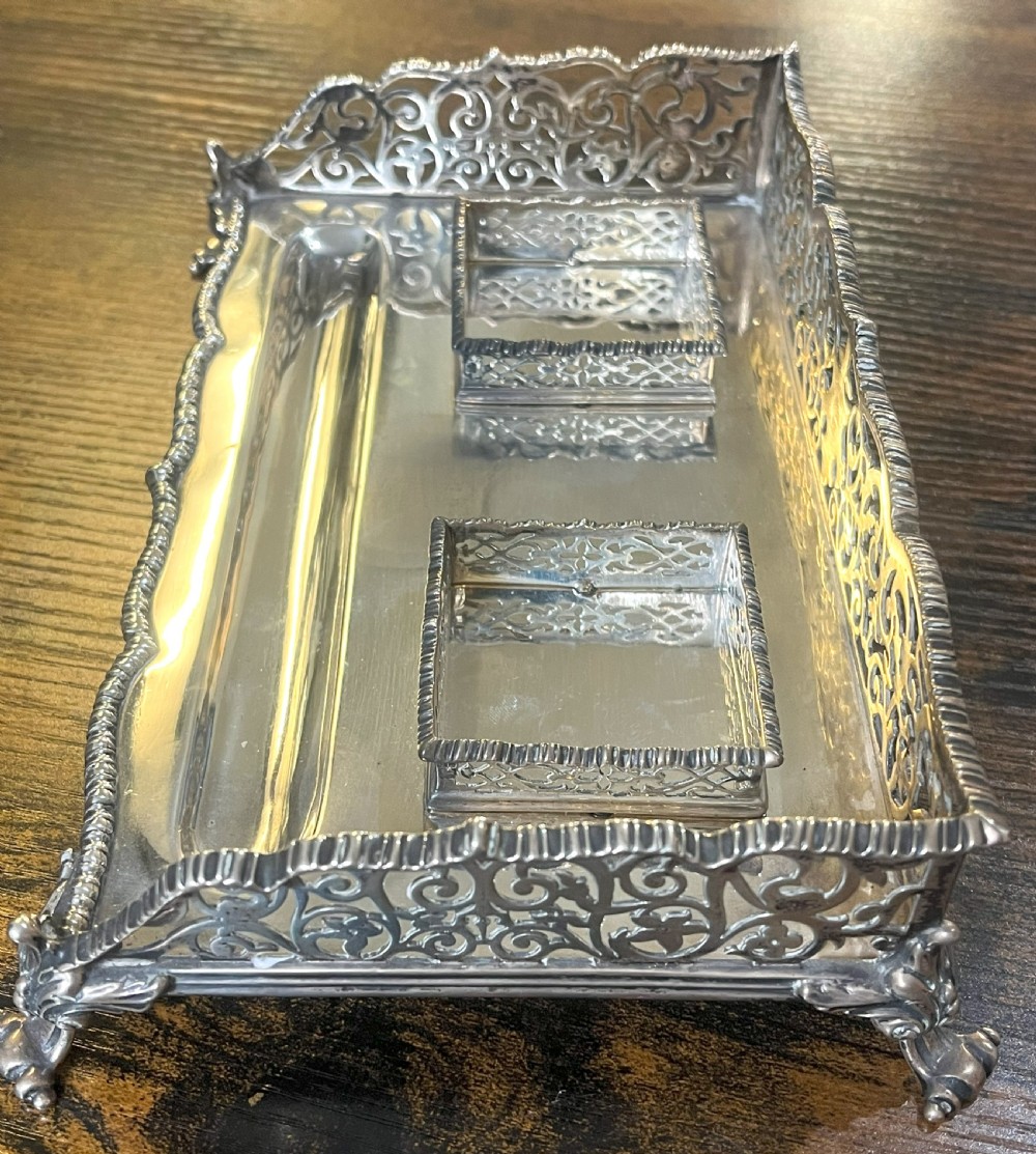 Silver Desk Stand With Inkwells by Goldsmiths & Silversmiths View V