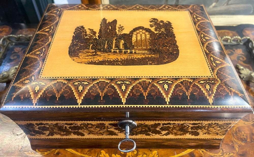Fine Tunbridge Ware Fitted Work Box Muckross Abbey Ireland