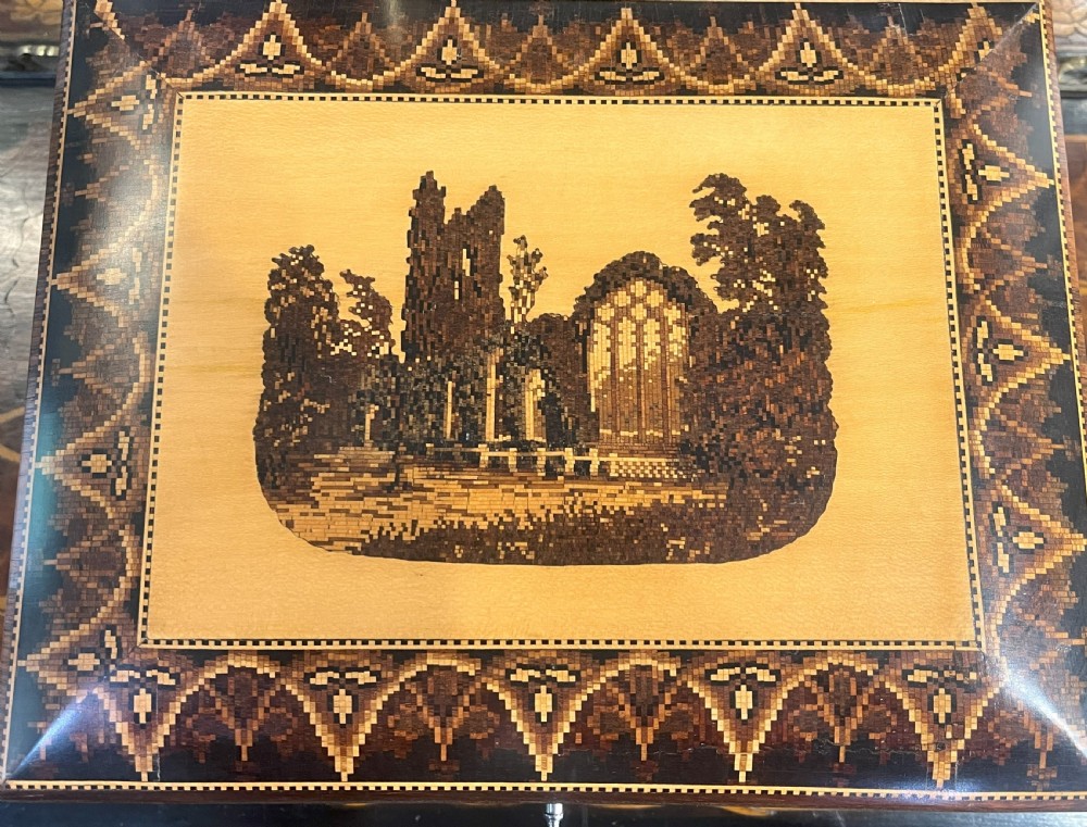Fine Tunbridge Ware Fitted Work Box Muckross Abbey Ireland View II