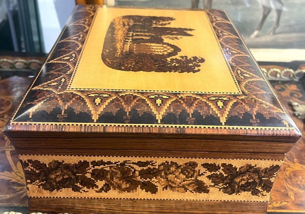 Fine Tunbridge Ware Fitted Work Box Muckross Abbey Ireland View IV