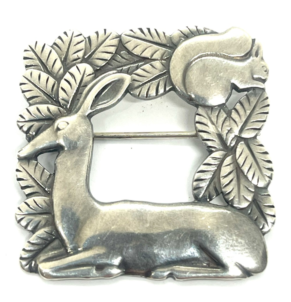 Georg Jensen Norwegian Silver Fawn & Squirrel Brooch 318