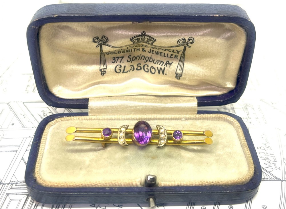 Beautiful Belle Epoque 9ct Gold & Amethyst Boxed Brooch