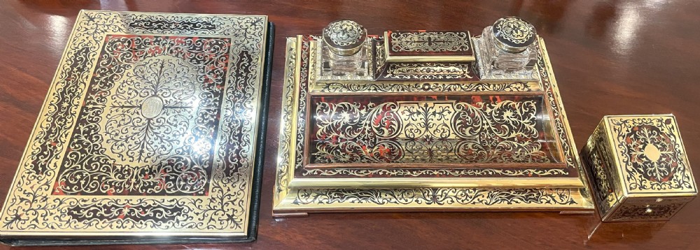 Stunning English Boulle Work Desk Top Stationery Set For Asprey Of London