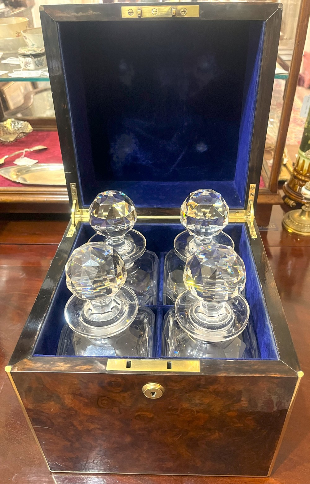 Fabulous Walnut Decanter Box With Four Crystal Decanters