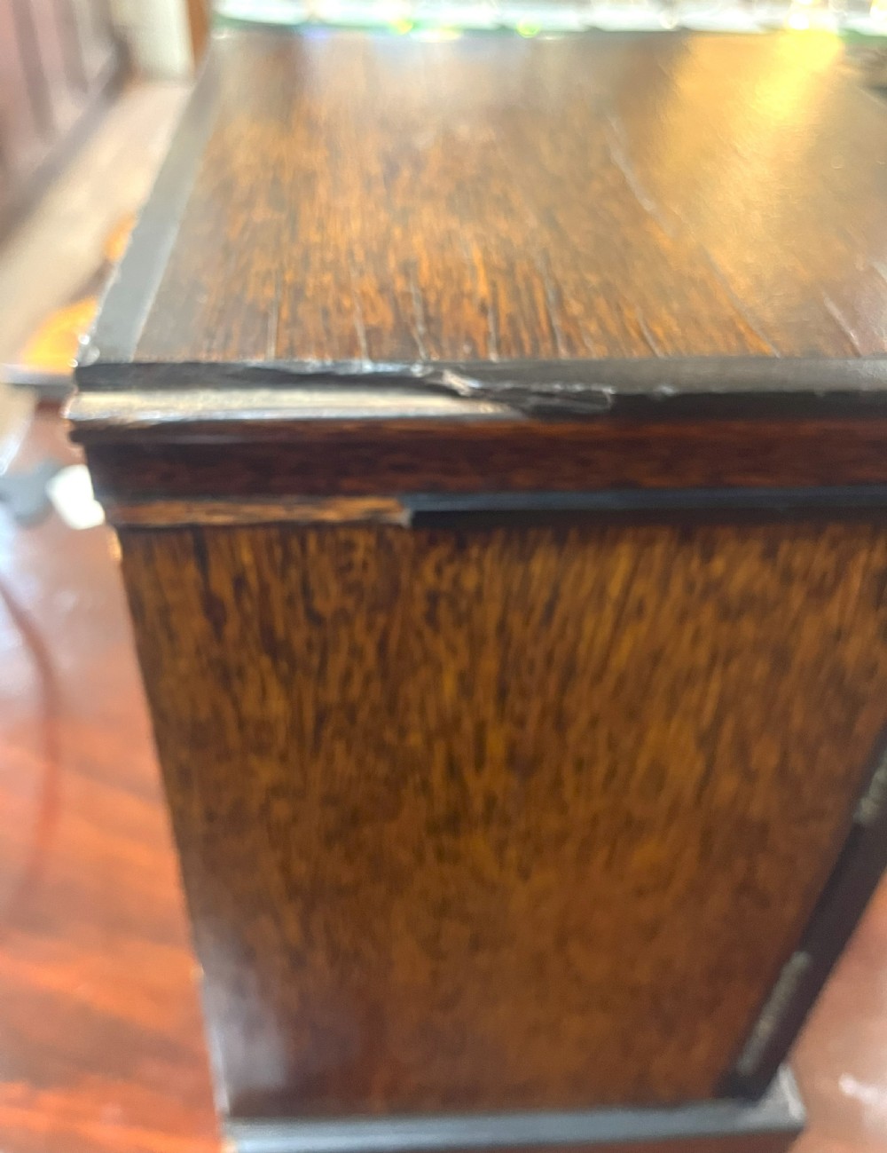 A nineteenth-century ebonised palmwood table cabinet with opened double doors revealing four small drawers with flush brass handles and gold foliate decoration. View X