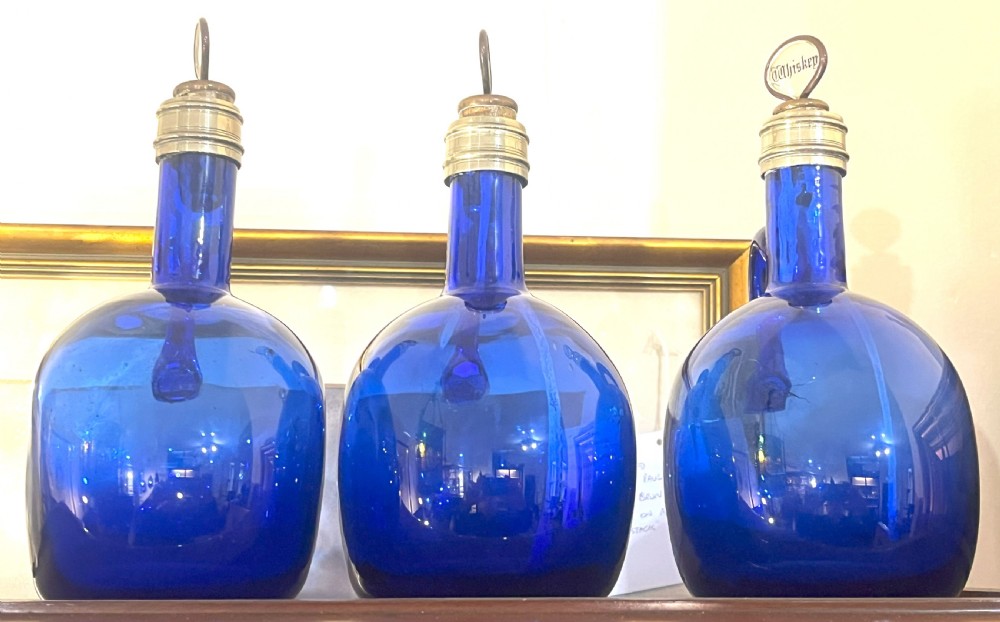 Set Of Three Blue Glass Spirit Decanters View V