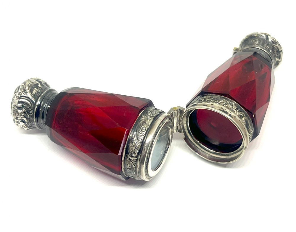 Victorian Silver Mounted Ruby Glass Double Scent Bottle With Locket