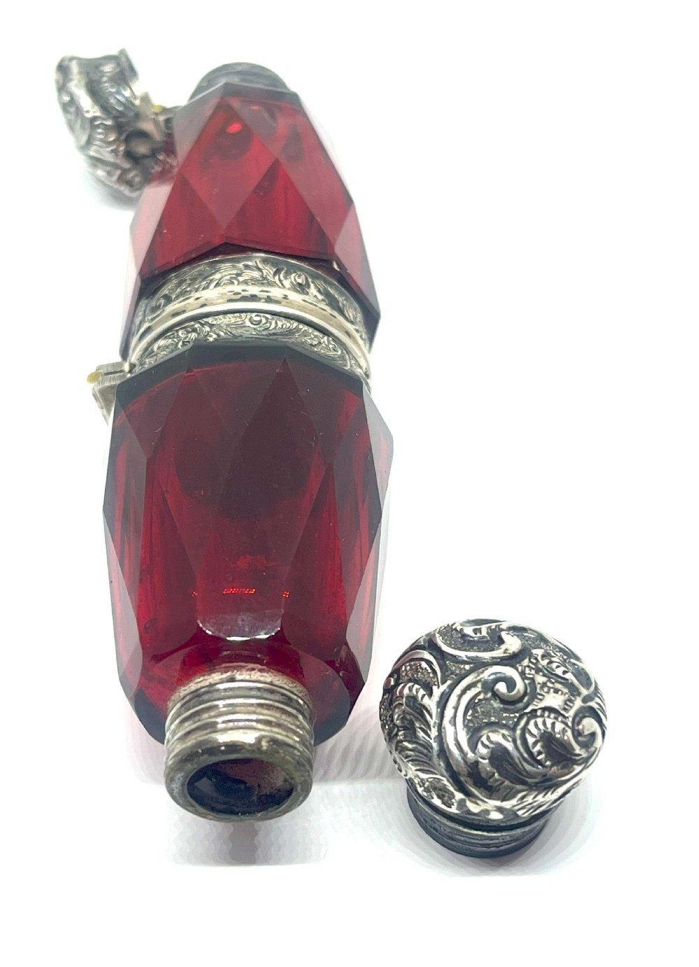 Victorian Silver Mounted Ruby Glass Double Scent Bottle With Locket View IV