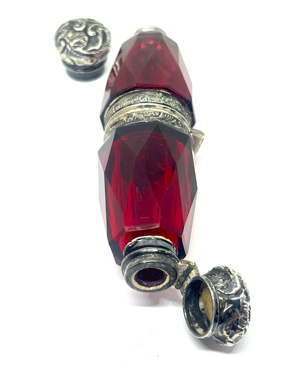 Victorian Silver Mounted Ruby Glass Double Scent Bottle With Locket View V