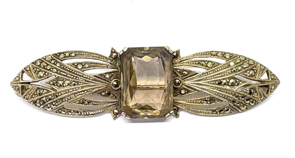 German Art Deco Silver, Marcasite & Smoky Quartz Brooch