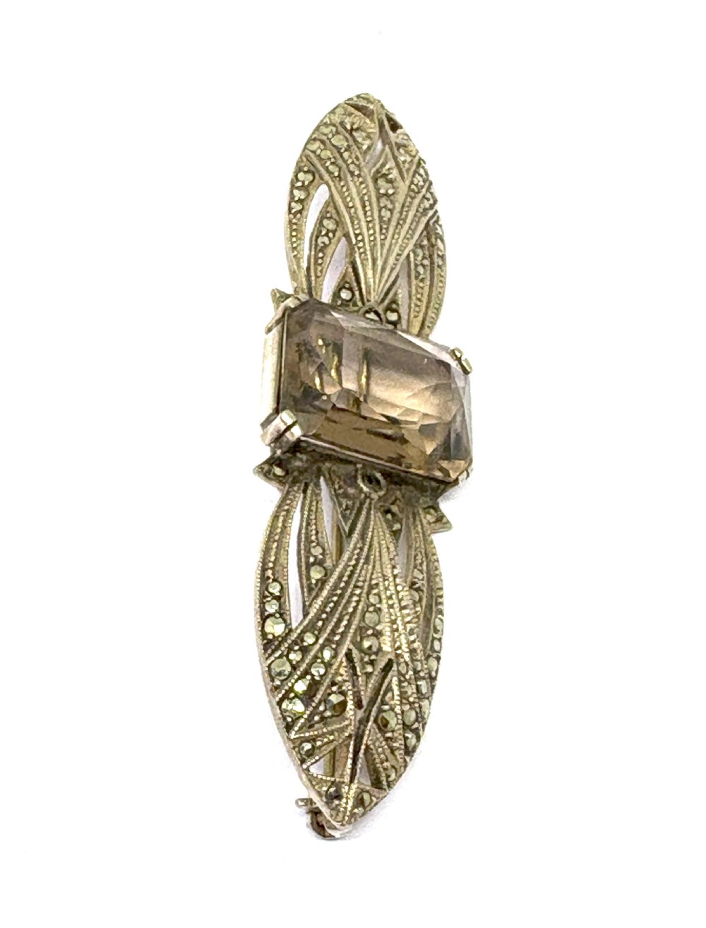 German Art Deco Silver, Marcasite & Smoky Quartz Brooch View II