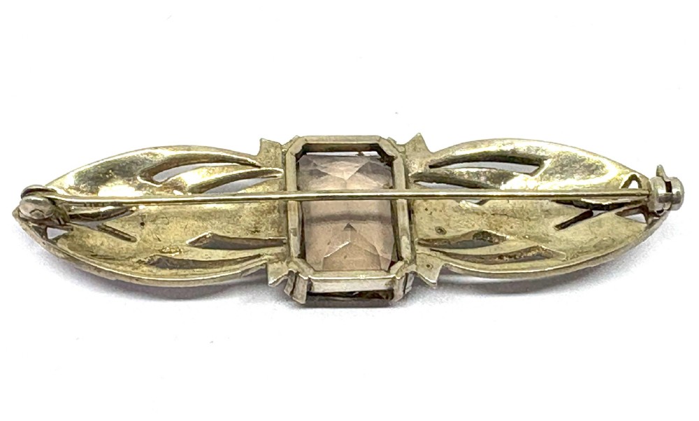 German Art Deco Silver, Marcasite & Smoky Quartz Brooch View III