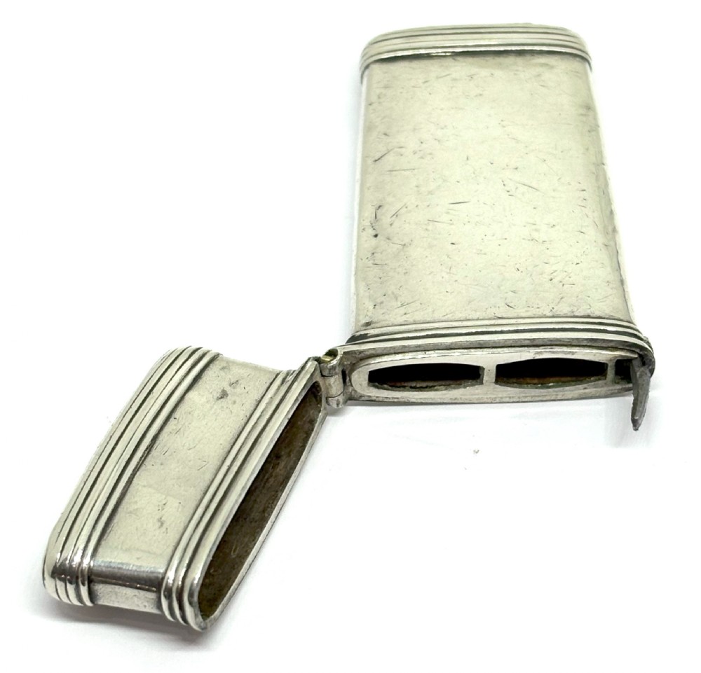 An open Georgian sterling silver case with hallmarked base containing two tortoiseshell-handled instruments. View V