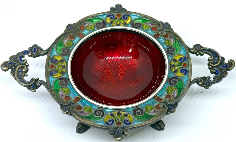 David Andersen Plique A Jour & Basse Taille Enamelled Silver Salt Cellar