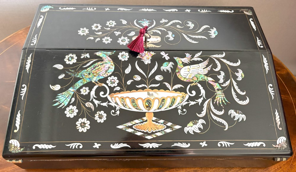 Fine Mother Of Pearl & Abalone Inlaid Ebony Writing Slope