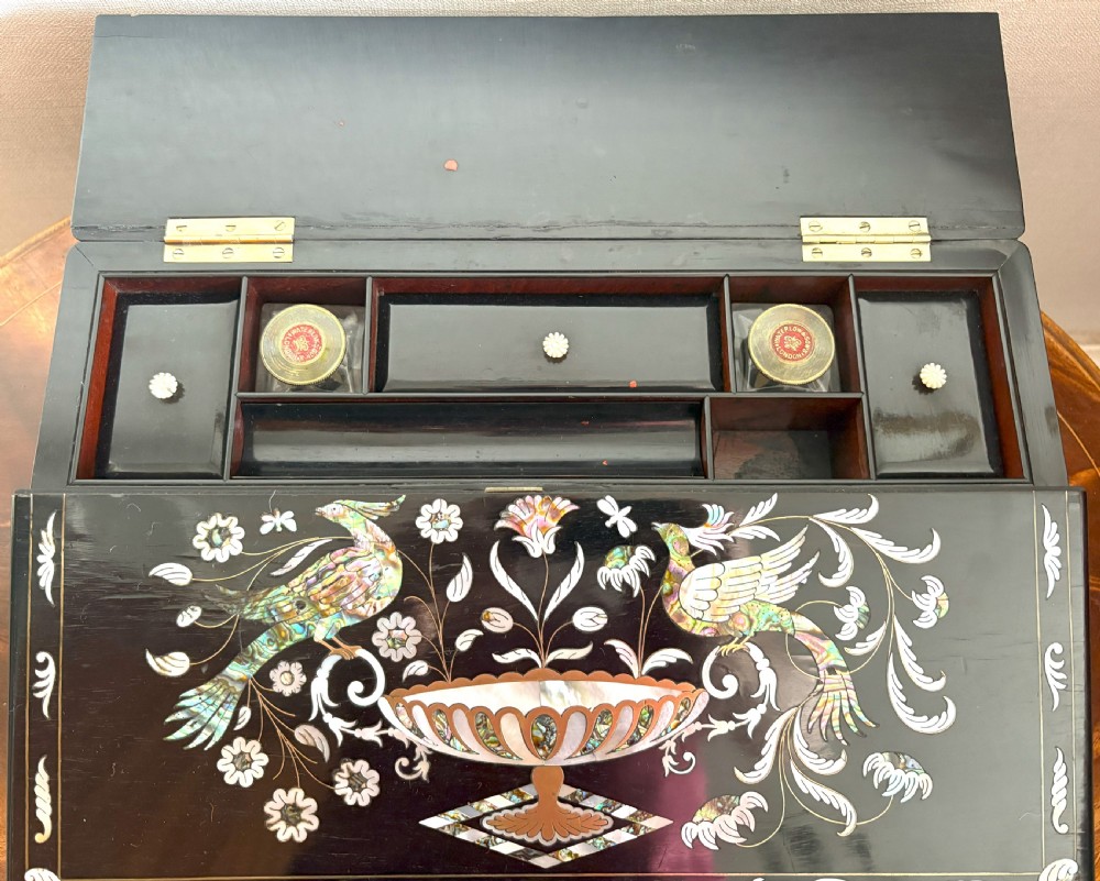 Fine Mother Of Pearl & Abalone Inlaid Ebony Writing Slope View V