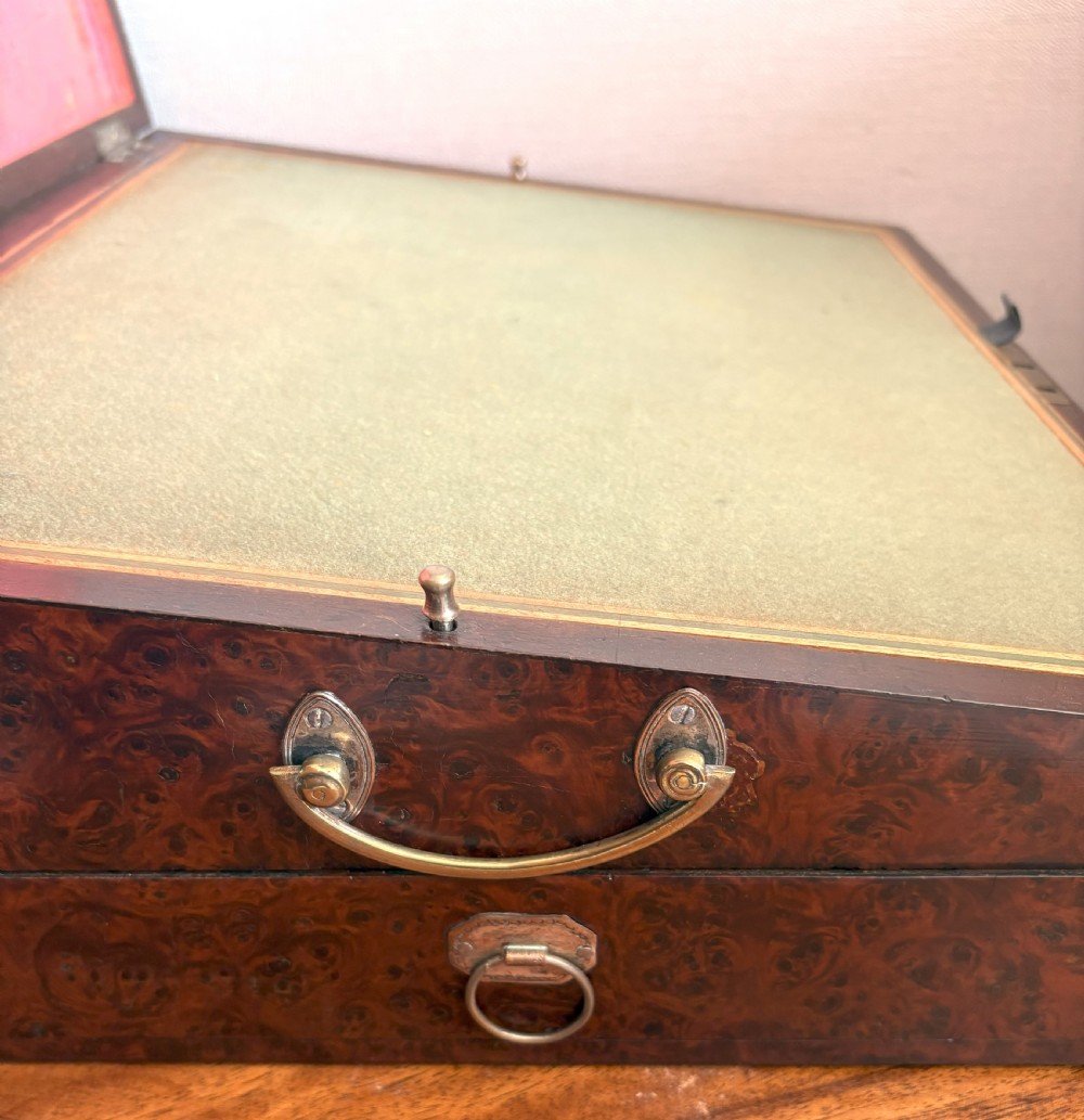 A rectangular burr yew wood box featuring a central oval medallion depicting cherubs with a lion, framed by geometric inlaid borders. View V