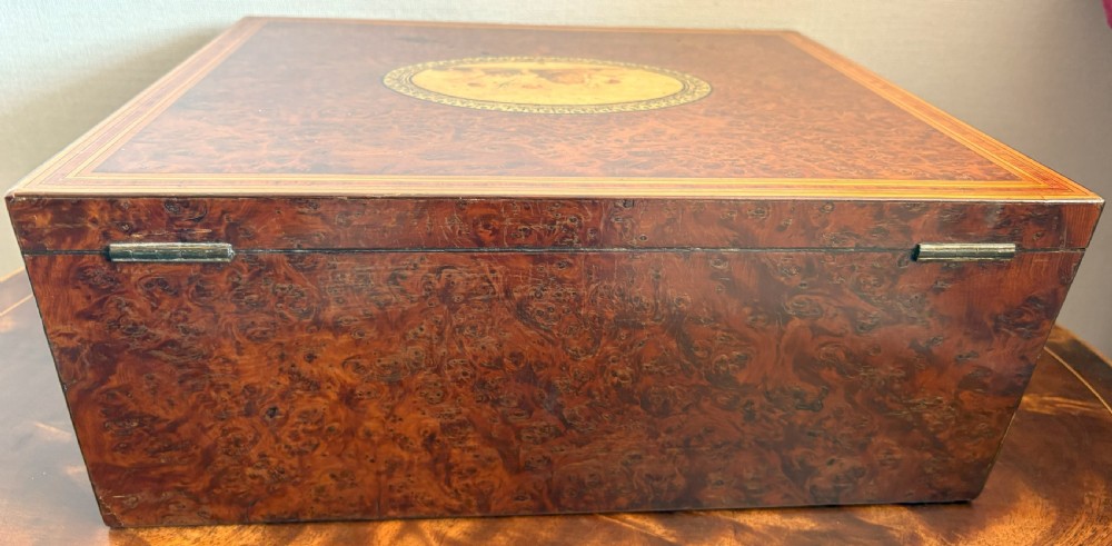 A rectangular burr yew wood box featuring a central oval medallion depicting cherubs with a lion, framed by geometric inlaid borders. View XIV