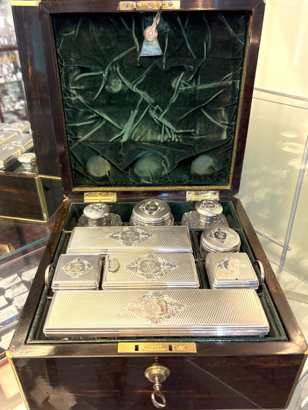 Coromandel Wood Silver Topped Glass Dressing Table Set