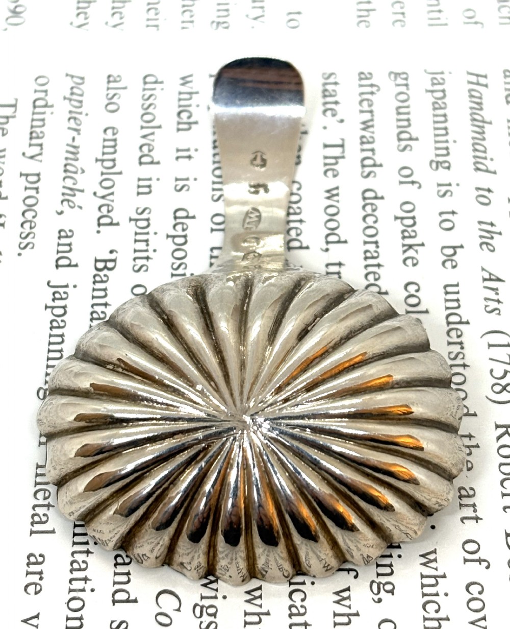 An antique Georgian sterling silver caddy spoon featuring a fluted shell-shaped bowl and a short bright-cut engraved handle. View III