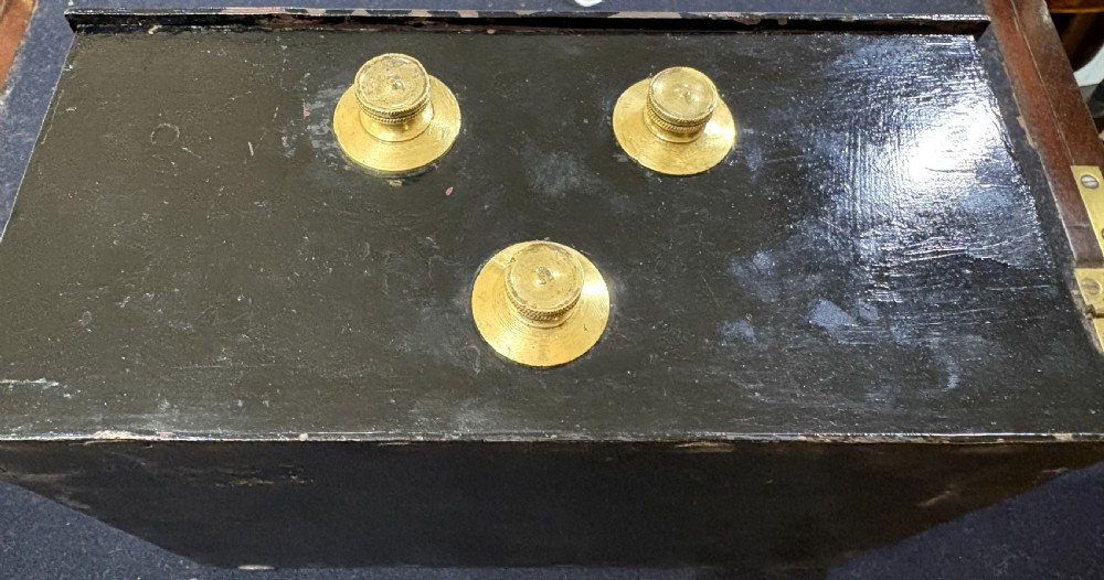 A rectangular black iron safe box featuring a top metal handle and three brass combination dials on the front. View III