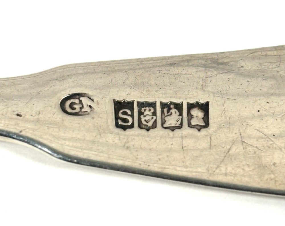 A Georgian Irish sterling silver tea caddy spoon featuring a broad oval bowl and a flared stem with handle engraving. View III