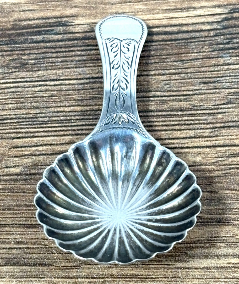 A Georgian sterling silver caddy spoon featuring a fluted shell-shaped bowl and a short handle with engraved leaf detail. View II
