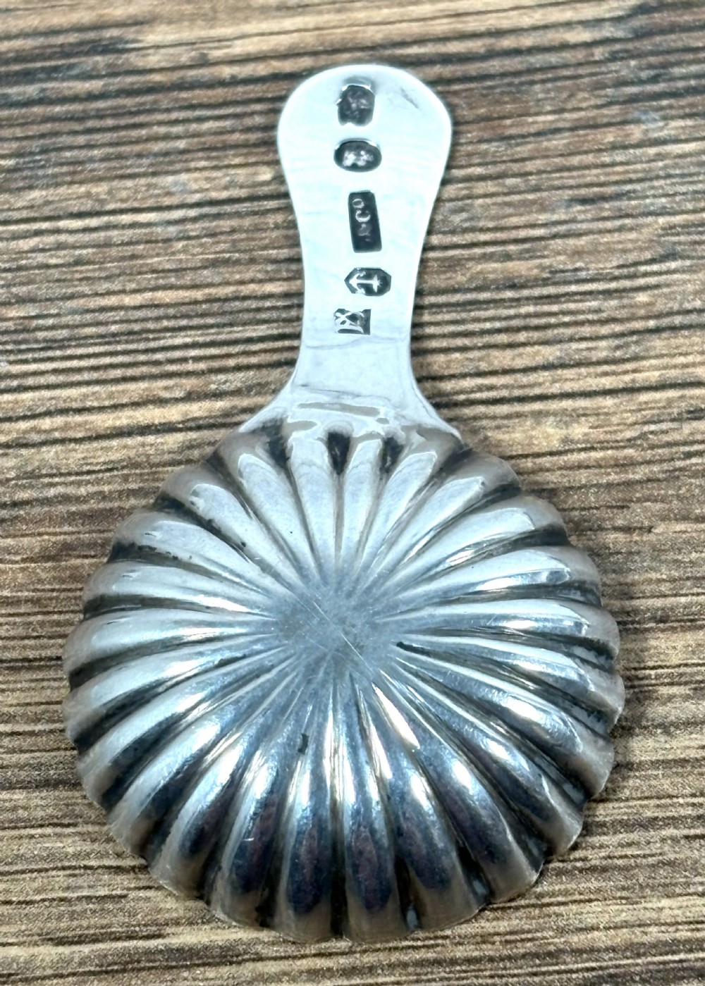 A Georgian sterling silver caddy spoon featuring a fluted shell-shaped bowl and a short handle with engraved leaf detail. View IV