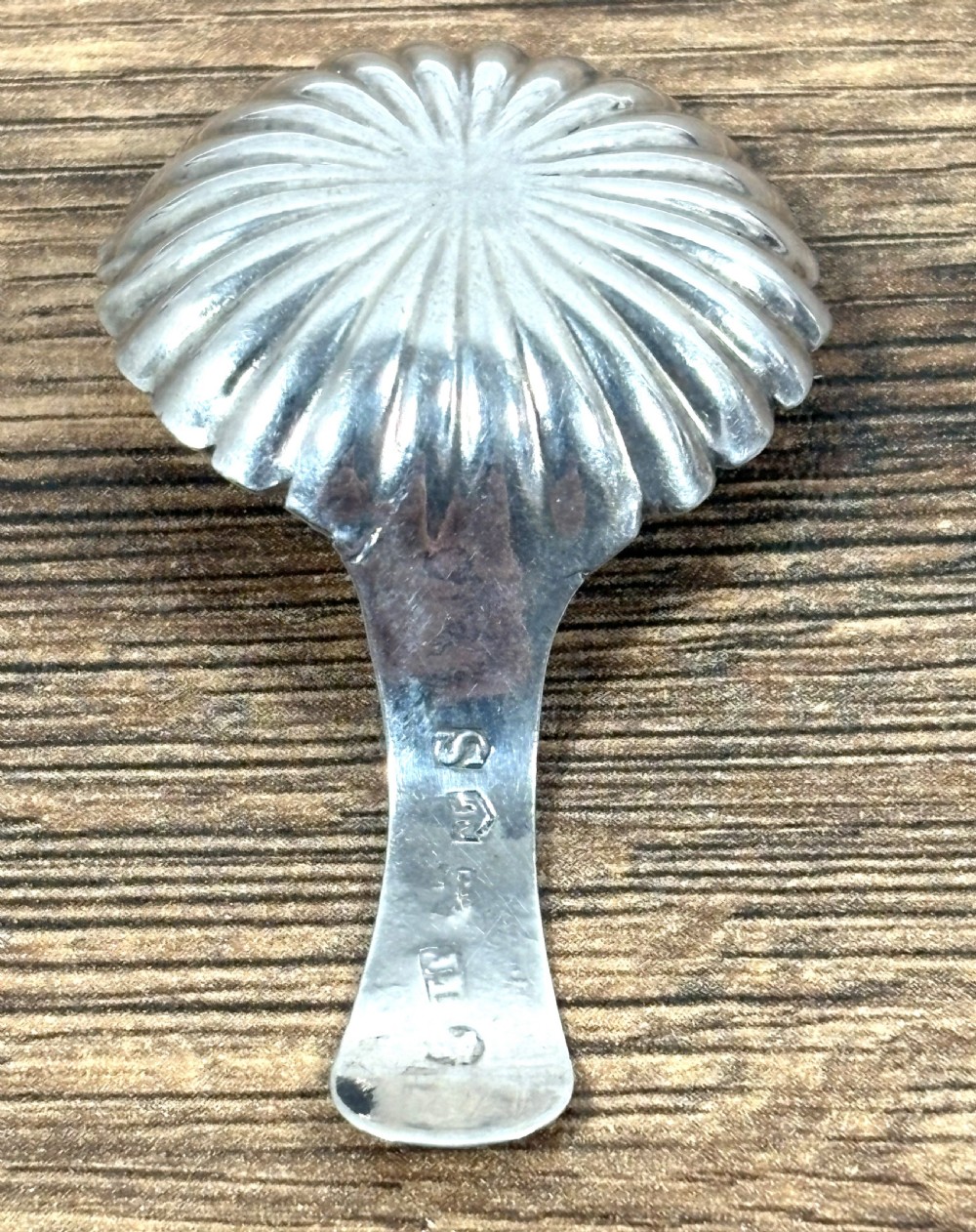 A Georgian sterling silver caddy spoon featuring a fluted shell-shaped bowl and an engraved leaf-pattern handle. View III